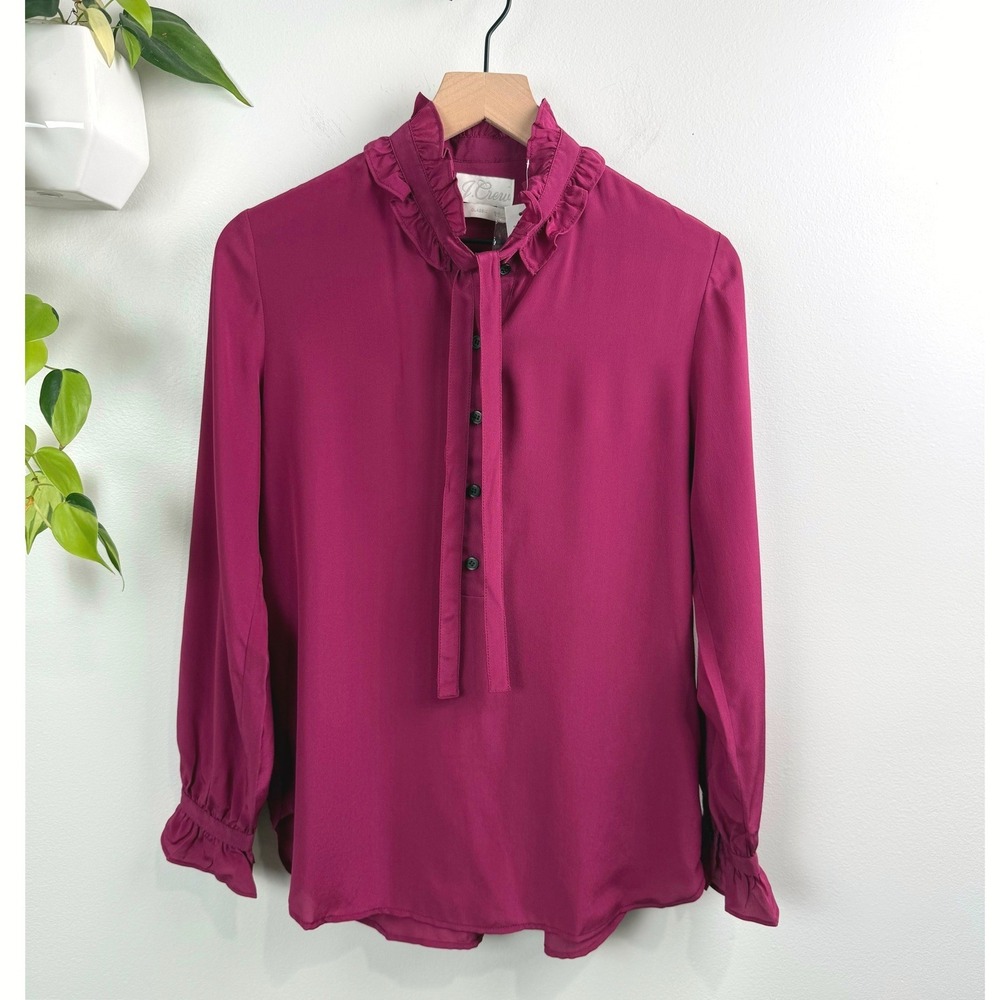 J.Crew 100% Silk Tie Neck Ruffle Blouse Raspberry Pink 2 Business Chic Femminine